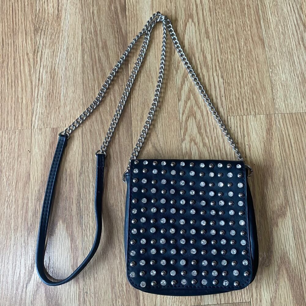 Rhinestone Studded Chain Crossbody Bag Black Silver